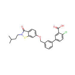 CC(C)CCn1sc2cc(OCc3cccc(-c4ccc(Cl)c(C(=O)O)c4)c3)ccc2c1=O ZINC000095577037