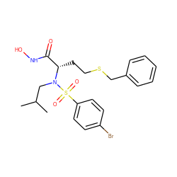 CC(C)CN([C@@H](CCSCc1ccccc1)C(=O)NO)S(=O)(=O)c1ccc(Br)cc1 ZINC000013864002