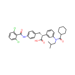 CC(C)CN(C(=O)C1CCCCC1)c1cccc([C@@H](Cc2ccc(NC(=O)c3c(Cl)cccc3Cl)cc2)C(=O)O)c1 ZINC000028346422