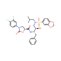 CC(C)CN(C[C@@H](O)[C@H](Cc1ccccc1)NC(=O)[C@@H]1CN(c2ccc(F)c(F)c2)C(=O)O1)S(=O)(=O)c1ccc2c(c1)OCO2 ZINC000049942468
