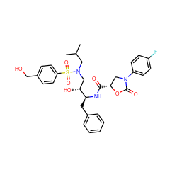 CC(C)CN(C[C@@H](O)[C@H](Cc1ccccc1)NC(=O)[C@@H]1CN(c2ccc(F)cc2)C(=O)O1)S(=O)(=O)c1ccc(CO)cc1 ZINC000064447437