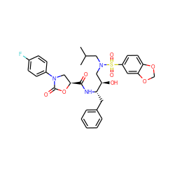 CC(C)CN(C[C@@H](O)[C@H](Cc1ccccc1)NC(=O)[C@@H]1CN(c2ccc(F)cc2)C(=O)O1)S(=O)(=O)c1ccc2c(c1)OCO2 ZINC000064447018