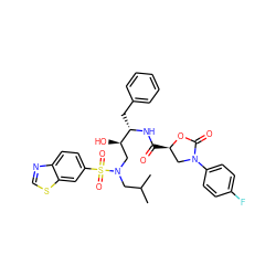 CC(C)CN(C[C@@H](O)[C@H](Cc1ccccc1)NC(=O)[C@@H]1CN(c2ccc(F)cc2)C(=O)O1)S(=O)(=O)c1ccc2ncsc2c1 ZINC000072136407