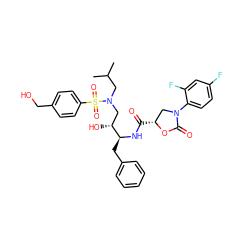 CC(C)CN(C[C@@H](O)[C@H](Cc1ccccc1)NC(=O)[C@@H]1CN(c2ccc(F)cc2F)C(=O)O1)S(=O)(=O)c1ccc(CO)cc1 ZINC000064446811