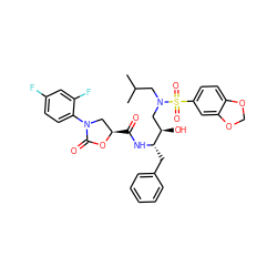 CC(C)CN(C[C@@H](O)[C@H](Cc1ccccc1)NC(=O)[C@@H]1CN(c2ccc(F)cc2F)C(=O)O1)S(=O)(=O)c1ccc2c(c1)OCO2 ZINC000072138031