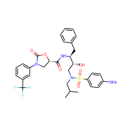 CC(C)CN(C[C@@H](O)[C@H](Cc1ccccc1)NC(=O)[C@@H]1CN(c2cccc(C(F)(F)F)c2)C(=O)O1)S(=O)(=O)c1ccc(N)cc1 ZINC000043315972