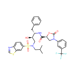 CC(C)CN(C[C@@H](O)[C@H](Cc1ccccc1)NC(=O)[C@@H]1CN(c2cccc(C(F)(F)F)c2)C(=O)O1)S(=O)(=O)c1ccc2ncsc2c1 ZINC000072138096