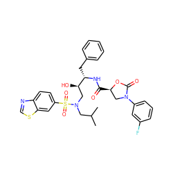 CC(C)CN(C[C@@H](O)[C@H](Cc1ccccc1)NC(=O)[C@@H]1CN(c2cccc(F)c2)C(=O)O1)S(=O)(=O)c1ccc2ncsc2c1 ZINC000072136420