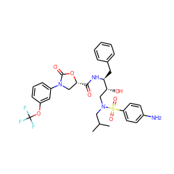 CC(C)CN(C[C@@H](O)[C@H](Cc1ccccc1)NC(=O)[C@@H]1CN(c2cccc(OC(F)(F)F)c2)C(=O)O1)S(=O)(=O)c1ccc(N)cc1 ZINC000072138098