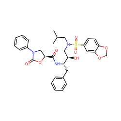 CC(C)CN(C[C@@H](O)[C@H](Cc1ccccc1)NC(=O)[C@@H]1CN(c2ccccc2)C(=O)O1)S(=O)(=O)c1ccc2c(c1)OCO2 ZINC000059532315