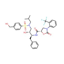 CC(C)CN(C[C@@H](O)[C@H](Cc1ccccc1)NC(=O)[C@@H]1CN(c2ccccc2C(F)(F)F)C(=O)O1)S(=O)(=O)c1ccc(CO)cc1 ZINC000072138076