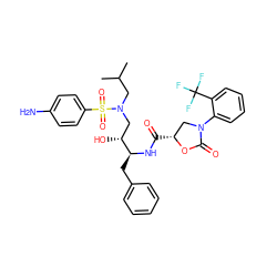 CC(C)CN(C[C@@H](O)[C@H](Cc1ccccc1)NC(=O)[C@@H]1CN(c2ccccc2C(F)(F)F)C(=O)O1)S(=O)(=O)c1ccc(N)cc1 ZINC000072136397