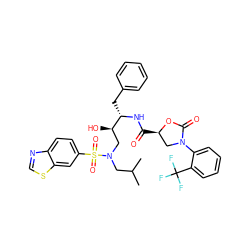 CC(C)CN(C[C@@H](O)[C@H](Cc1ccccc1)NC(=O)[C@@H]1CN(c2ccccc2C(F)(F)F)C(=O)O1)S(=O)(=O)c1ccc2ncsc2c1 ZINC000058638738