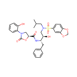 CC(C)CN(C[C@@H](O)[C@H](Cc1ccccc1)NC(=O)[C@@H]1CN(c2ccccc2O)C(=O)O1)S(=O)(=O)c1ccc2c(c1)OCO2 ZINC000058638736