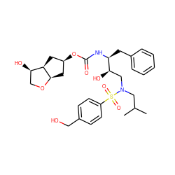 CC(C)CN(C[C@@H](O)[C@H](Cc1ccccc1)NC(=O)O[C@H]1C[C@H]2OC[C@@H](O)[C@H]2C1)S(=O)(=O)c1ccc(CO)cc1 ZINC000072113476