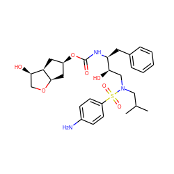 CC(C)CN(C[C@@H](O)[C@H](Cc1ccccc1)NC(=O)O[C@H]1C[C@H]2OC[C@@H](O)[C@H]2C1)S(=O)(=O)c1ccc(N)cc1 ZINC000072113602