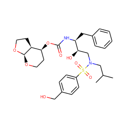 CC(C)CN(C[C@@H](O)[C@H](Cc1ccccc1)NC(=O)O[C@H]1CCO[C@H]2OCC[C@@H]12)S(=O)(=O)c1ccc(CO)cc1 ZINC000066104664