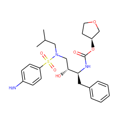 CC(C)CN(C[C@@H](O)[C@H](Cc1ccccc1)NC(=O)O[C@H]1CCOC1)S(=O)(=O)c1ccc(N)cc1 ZINC000003809192