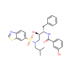 CC(C)CN(C[C@@H](O)[C@H](Cc1ccccc1)NC(=O)c1cccc(O)c1)S(=O)(=O)c1ccc2ncsc2c1 ZINC000016052450