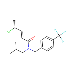 CC(C)CN(Cc1ccc(C(F)(F)F)cc1)C(=O)/C=C/[C@@H](C)Cl ZINC000103288121