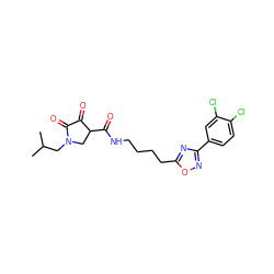 CC(C)CN1CC(C(=O)NCCCCc2nc(-c3ccc(Cl)c(Cl)c3)no2)C(=O)C1=O ZINC000206883267