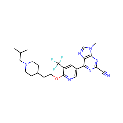 CC(C)CN1CCC(CCOc2ncc(-c3nc(C#N)nc4c3ncn4C)cc2C(F)(F)F)CC1 ZINC001772657948