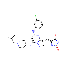 CC(C)CN1CCC(Nc2cc(Nc3cccc(Cl)c3)nc3c(/C=C4\NC(=O)NC4=O)cnn23)CC1 ZINC000117834436