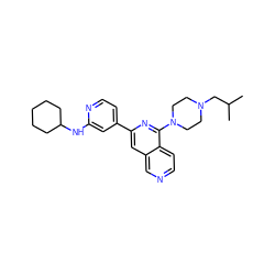 CC(C)CN1CCN(c2nc(-c3ccnc(NC4CCCCC4)c3)cc3cnccc23)CC1 ZINC000058574978