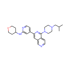 CC(C)CN1CCN(c2nc(-c3ccnc(NC4CCOCC4)c3)cc3cnccc23)CC1 ZINC000058569498