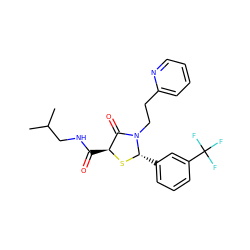 CC(C)CNC(=O)[C@@H]1S[C@@H](c2cccc(C(F)(F)F)c2)N(CCc2ccccn2)C1=O ZINC000028819487