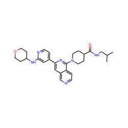 CC(C)CNC(=O)C1CCN(c2nc(-c3ccnc(NC4CCOCC4)c3)cc3cnccc23)CC1 ZINC000058569408