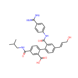 CC(C)CNC(=O)c1ccc(-c2ccc(/C=C/CO)cc2C(=O)Nc2ccc(C(=N)N)cc2)c(C(=O)O)c1 ZINC000040974084