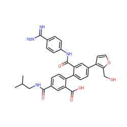 CC(C)CNC(=O)c1ccc(-c2ccc(-c3ccoc3CO)cc2C(=O)Nc2ccc(C(=N)N)cc2)c(C(=O)O)c1 ZINC000042834749