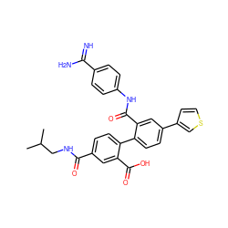 CC(C)CNC(=O)c1ccc(-c2ccc(-c3ccsc3)cc2C(=O)Nc2ccc(C(=N)N)cc2)c(C(=O)O)c1 ZINC000042835081