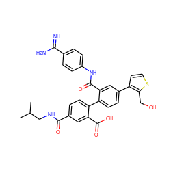 CC(C)CNC(=O)c1ccc(-c2ccc(-c3ccsc3CO)cc2C(=O)Nc2ccc(C(=N)N)cc2)c(C(=O)O)c1 ZINC000049888959