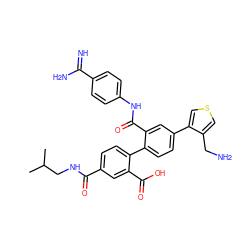 CC(C)CNC(=O)c1ccc(-c2ccc(-c3cscc3CN)cc2C(=O)Nc2ccc(C(=N)N)cc2)c(C(=O)O)c1 ZINC000042833767