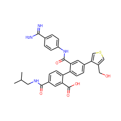 CC(C)CNC(=O)c1ccc(-c2ccc(-c3cscc3CO)cc2C(=O)Nc2ccc(C(=N)N)cc2)c(C(=O)O)c1 ZINC000042806003