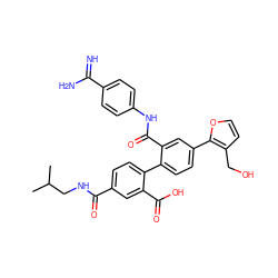 CC(C)CNC(=O)c1ccc(-c2ccc(-c3occc3CO)cc2C(=O)Nc2ccc(C(=N)N)cc2)c(C(=O)O)c1 ZINC000042803331