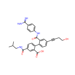 CC(C)CNC(=O)c1ccc(-c2ccc(C#CCCO)cc2C(=O)Nc2ccc(C(=N)N)cc2)c(C(=O)O)c1 ZINC000040979711