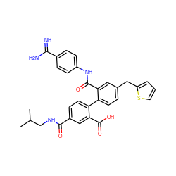 CC(C)CNC(=O)c1ccc(-c2ccc(Cc3cccs3)cc2C(=O)Nc2ccc(C(=N)N)cc2)c(C(=O)O)c1 ZINC000042920918