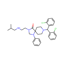 CC(C)CNCCN1CN(c2ccccc2)C2(CCN(C(c3ccccc3Cl)c3ccccc3Cl)CC2)C1=O ZINC000044360886