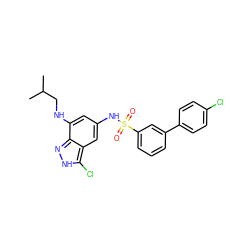 CC(C)CNc1cc(NS(=O)(=O)c2cccc(-c3ccc(Cl)cc3)c2)cc2c(Cl)[nH]nc12 ZINC000003819682