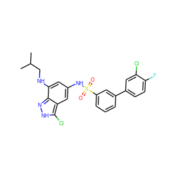 CC(C)CNc1cc(NS(=O)(=O)c2cccc(-c3ccc(F)c(Cl)c3)c2)cc2c(Cl)[nH]nc12 ZINC000003819680