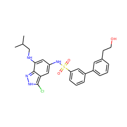 CC(C)CNc1cc(NS(=O)(=O)c2cccc(-c3cccc(CCO)c3)c2)cc2c(Cl)[nH]nc12 ZINC000013531426