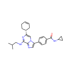 CC(C)CNc1nc([C@H]2CC=CCC2)cn2c(-c3ccc(C(=O)NC4CC4)cc3)cnc12 ZINC000200659306