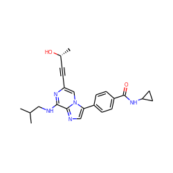 CC(C)CNc1nc(C#C[C@@H](C)O)cn2c(-c3ccc(C(=O)NC4CC4)cc3)cnc12 ZINC000199112855