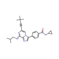 CC(C)CNc1nc(C#CC(C)(C)C)cn2c(-c3ccc(C(=O)NC4CC4)cc3)cnc12 ZINC000199110514