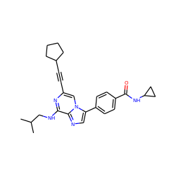 CC(C)CNc1nc(C#CC2CCCC2)cn2c(-c3ccc(C(=O)NC4CC4)cc3)cnc12 ZINC000199083421