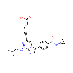 CC(C)CNc1nc(C#CCCC(=O)O)cn2c(-c3ccc(C(=O)NC4CC4)cc3)cnc12 ZINC001772605908