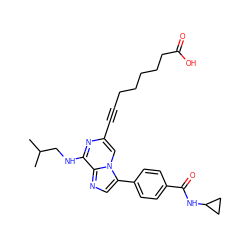 CC(C)CNc1nc(C#CCCCCCC(=O)O)cn2c(-c3ccc(C(=O)NC4CC4)cc3)cnc12 ZINC001772657436